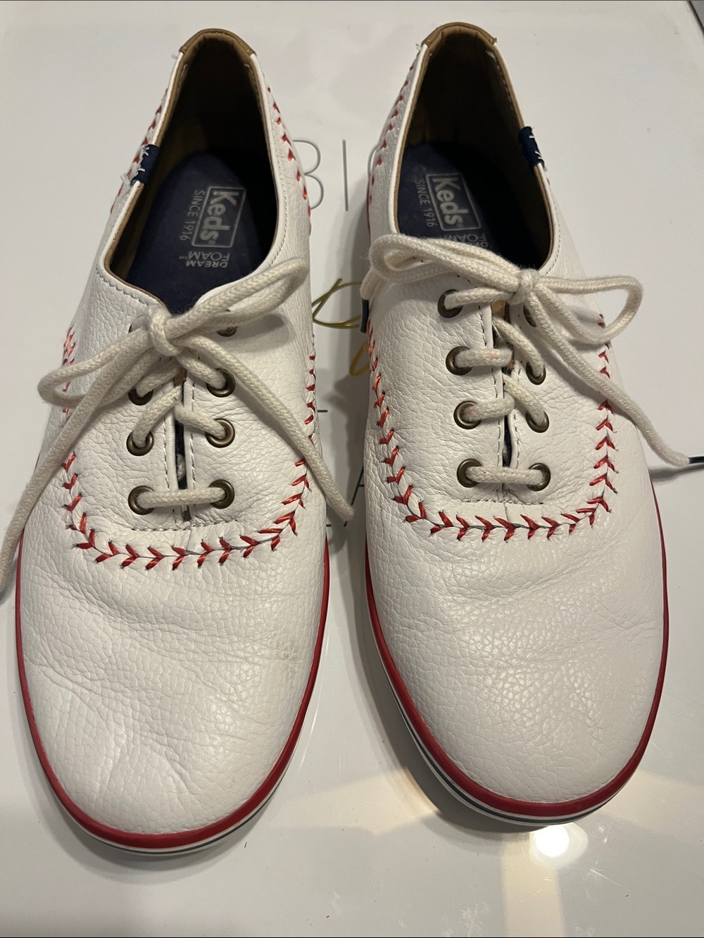 Keds White Leather Baseball-Stitch Sneakers with Red Trim